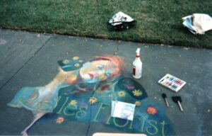 Corey Okada's Chalk it Up! square for Relles Florist, in progress; John C. Fremont Park, Sacramento ,CA (mid-1990s).