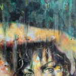 Corey Okada: Ghost at the Door (2024). Acrylic on canvas, 21" x 12".